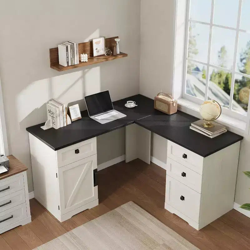 Scrivania a L per ufficio Acekool 60 in stile rustico con cassetti per documenti e armadietto contenitore regolabile, scrivania angolare per computer per ufficio domestico