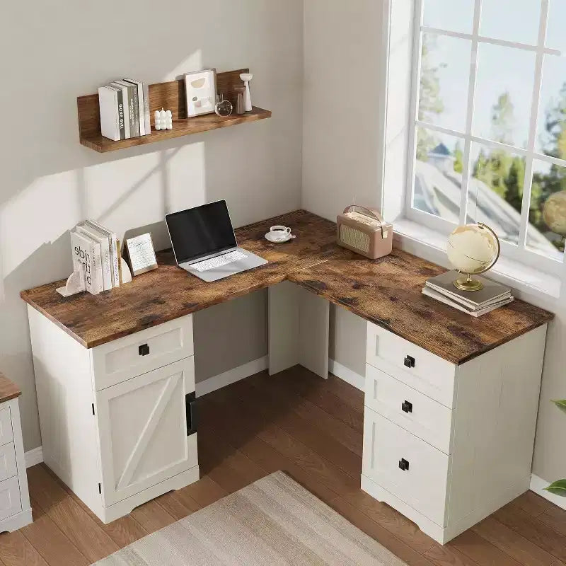 Scrivania a L per ufficio Acekool 60 in stile rustico con cassetti per documenti e armadietto contenitore regolabile, scrivania angolare per computer per ufficio domestico