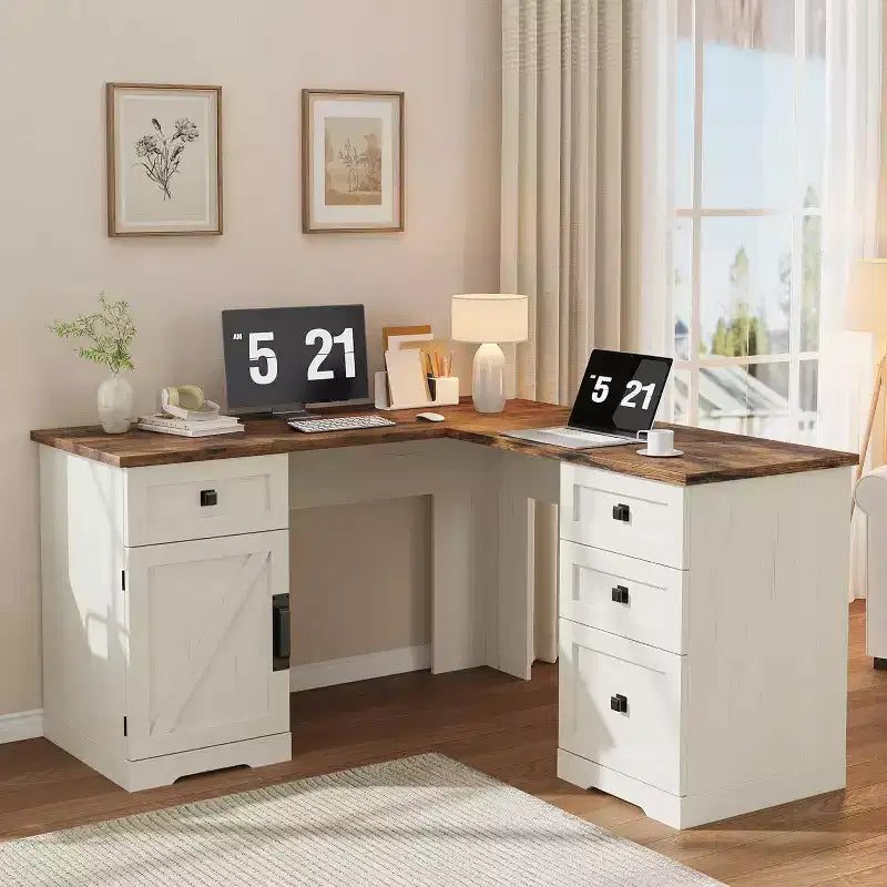 Acekool 60 Executive L-Shaped Farmhouse Desk with File Drawers & Adjustable Storage Cabinet, Corner Computer Desk for Home Office