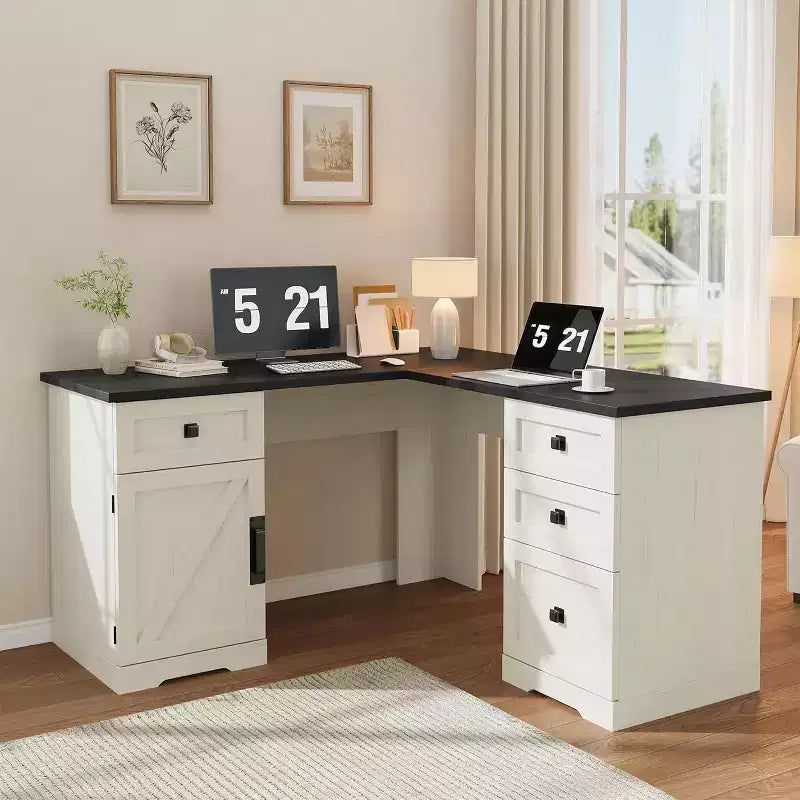 Scrivania a L per ufficio Acekool 60 in stile rustico con cassetti per documenti e armadietto contenitore regolabile, scrivania angolare per computer per ufficio domestico