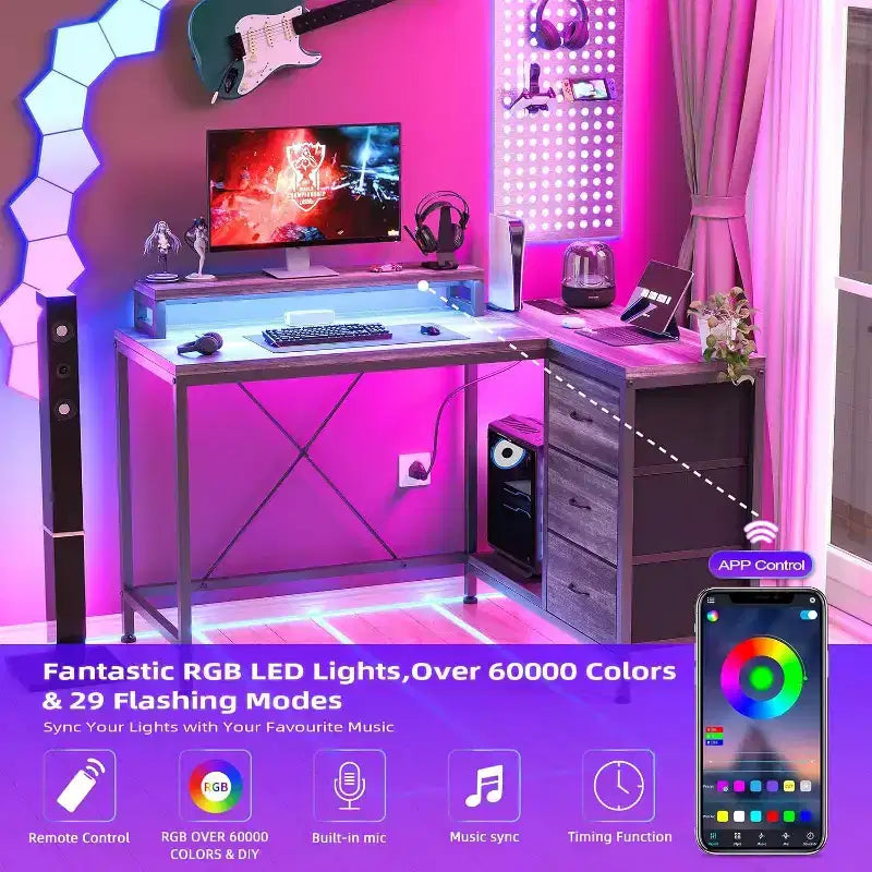 Scrivania da gioco Acekool a L con luci a LED, prese di corrente, cassetti e ripiani, scrivania ad angolo per ufficio domestico, nera