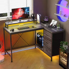 Scrivania da gioco Acekool a L con luci a LED, prese di corrente, cassetti e ripiani, scrivania ad angolo per ufficio domestico, nera