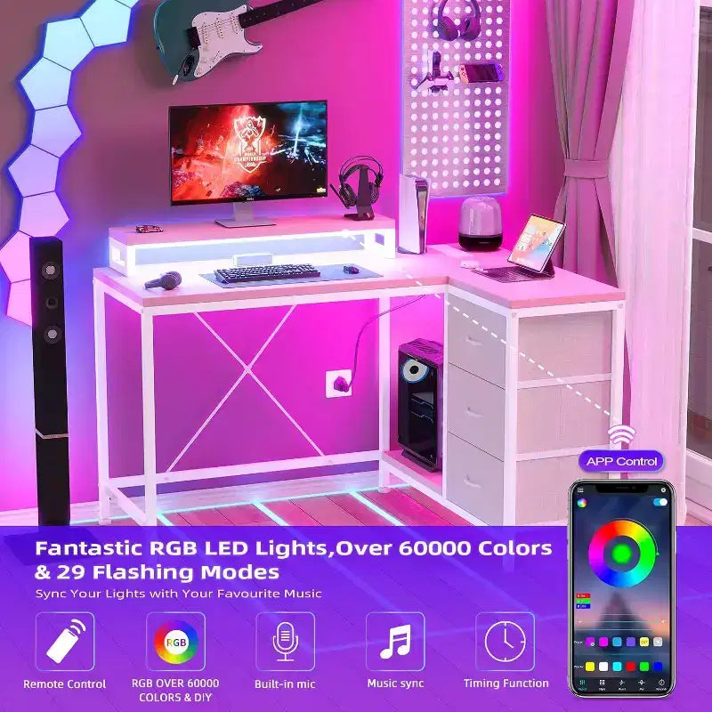 Scrivania da gioco Acekool a L con luci a LED, prese di corrente, cassetti e ripiani, scrivania ad angolo per ufficio domestico, nera