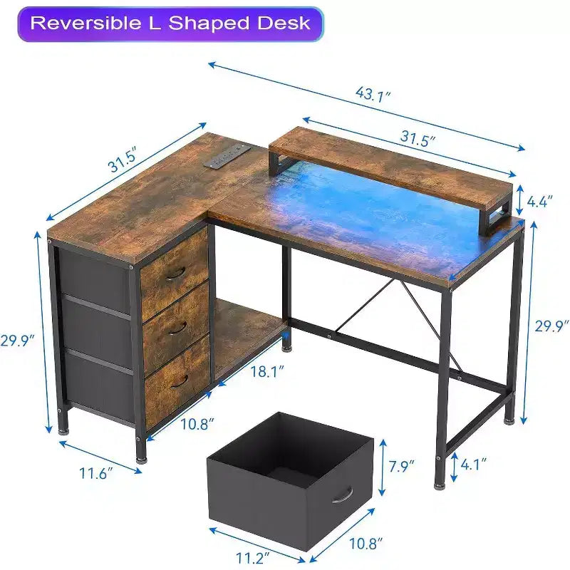 Scrivania da gioco Acekool a L con luci a LED, prese di corrente, cassetti e ripiani, scrivania ad angolo per ufficio domestico, nera