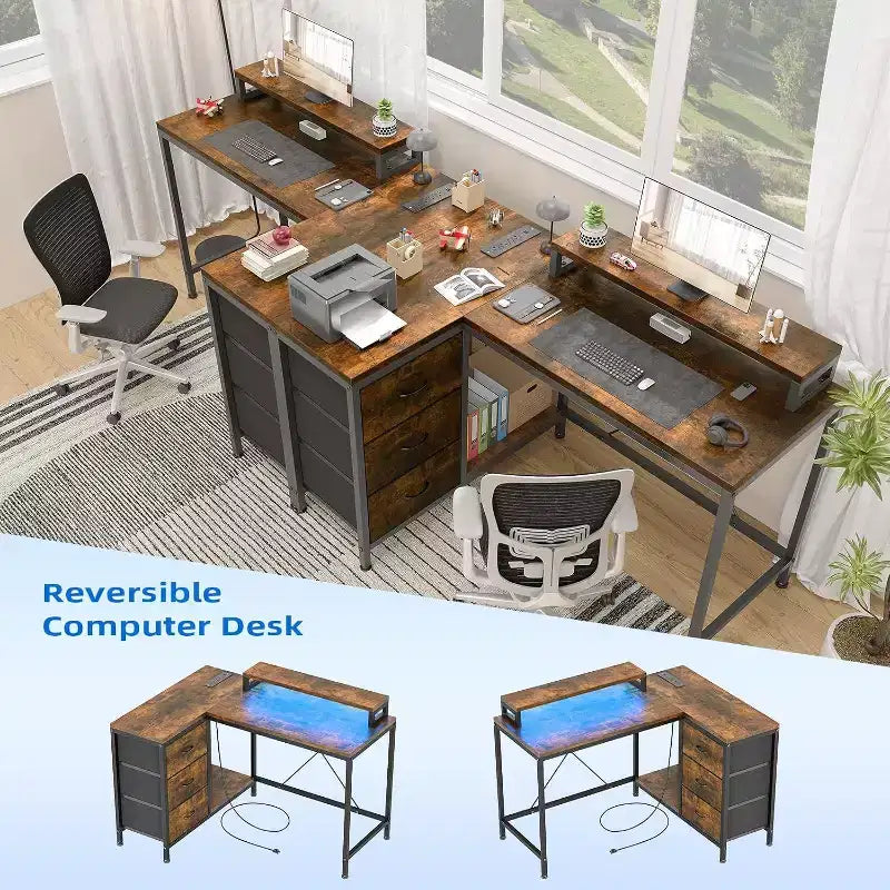 Scrivania da gioco Acekool a L con luci a LED, prese di corrente, cassetti e ripiani, scrivania ad angolo per ufficio domestico, nera