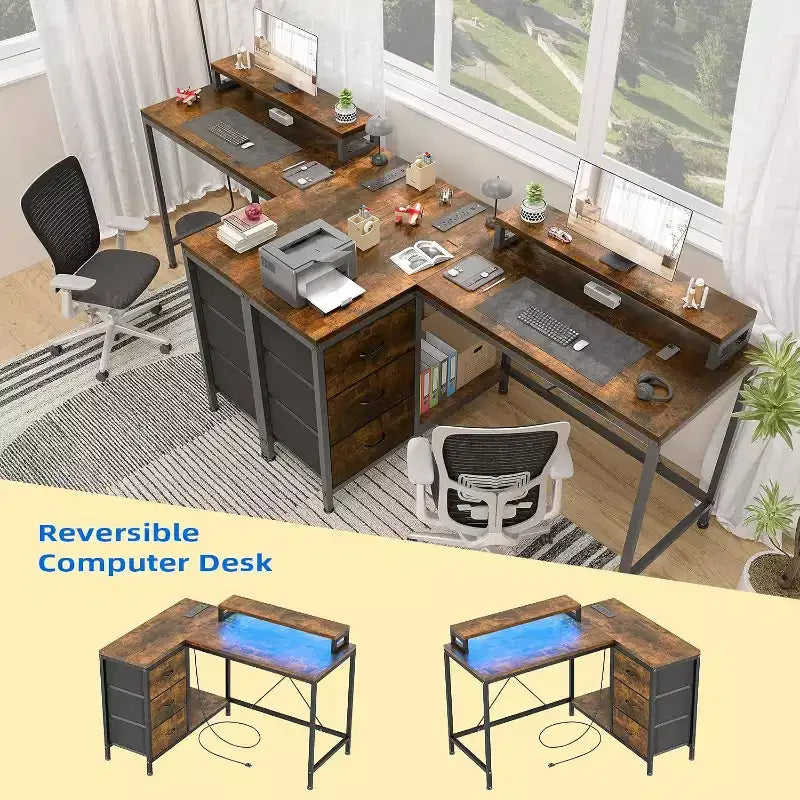 Scrivania da gioco Acekool a L con luci a LED, prese di corrente, cassetti e ripiani, scrivania ad angolo per ufficio domestico, nera