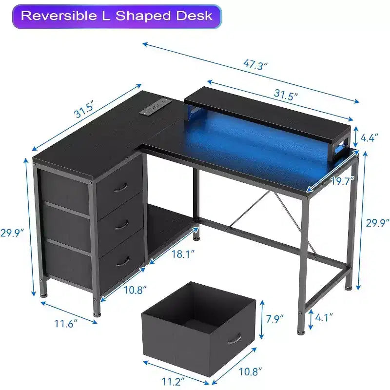 Scrivania da gioco Acekool a L con luci a LED, prese di corrente, cassetti e ripiani, scrivania ad angolo per ufficio domestico, nera