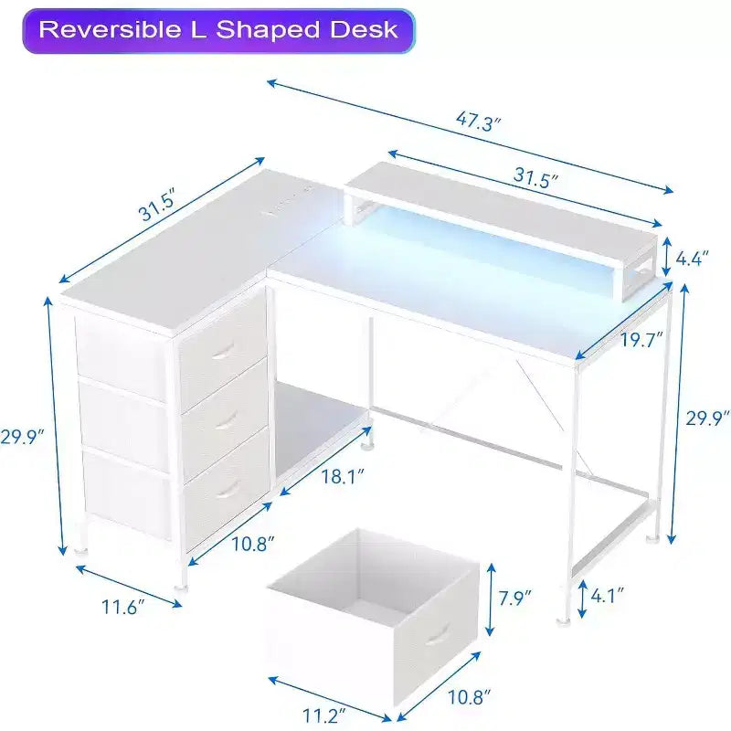 Scrivania da gioco Acekool a L con luci a LED, prese di corrente, cassetti e ripiani, scrivania ad angolo per ufficio domestico, nera