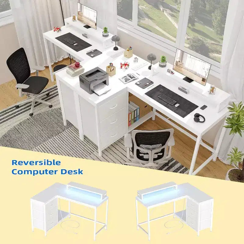 Scrivania da gioco Acekool a L con luci a LED, prese di corrente, cassetti e ripiani, scrivania ad angolo per ufficio domestico, nera