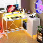 Scrivania da gioco Acekool a L con luci a LED, prese di corrente, cassetti e ripiani, scrivania ad angolo per ufficio domestico, nera