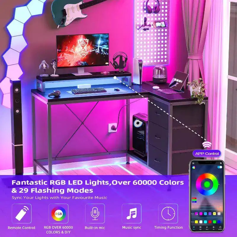 Scrivania da gioco Acekool a L con luci a LED, prese di corrente, cassetti e ripiani, scrivania ad angolo per ufficio domestico, nera