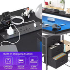 Scrivania da gioco Acekool a L con luci a LED, prese di corrente, cassetti e ripiani, scrivania ad angolo per ufficio domestico, nera