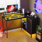 Scrivania da gioco Acekool a L con luci a LED, prese di corrente, cassetti e ripiani, scrivania ad angolo per ufficio domestico, nera