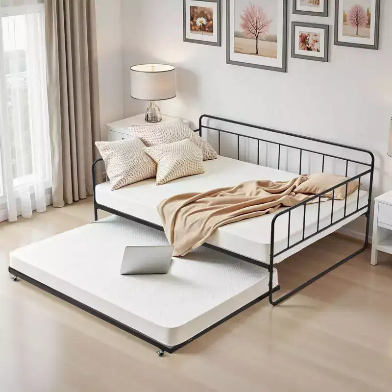 VEVOR Cadre de Lit de Repos Double, Lit de Jour avec Lit Gigogne, Cadre de Lit Plateforme en Métal Robuste, Lit de Repos Double avec Lattes Métalliques pour Salon, Noir