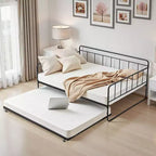 VEVOR Cadre de Lit de Repos Double, Lit de Jour avec Lit Gigogne, Cadre de Lit Plateforme en Métal Robuste, Lit de Repos Double avec Lattes Métalliques pour Salon, Noir
