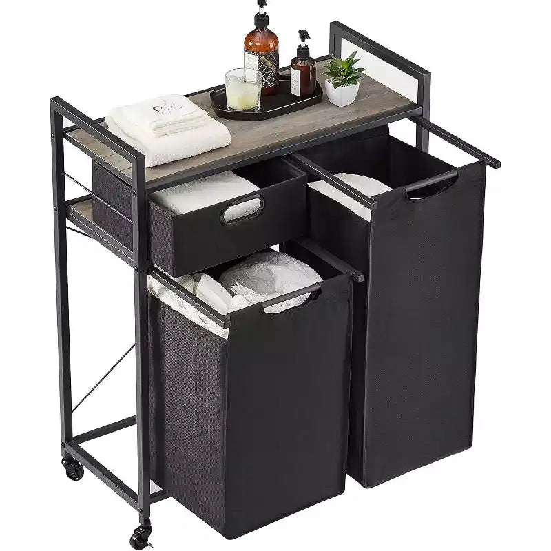 Laundry Hamper with Shelf,Section Sorting Laundry Hamper,Rolling Laundry Sorter with Drawer,Laundry Basket with Wheels,for Laundry Room