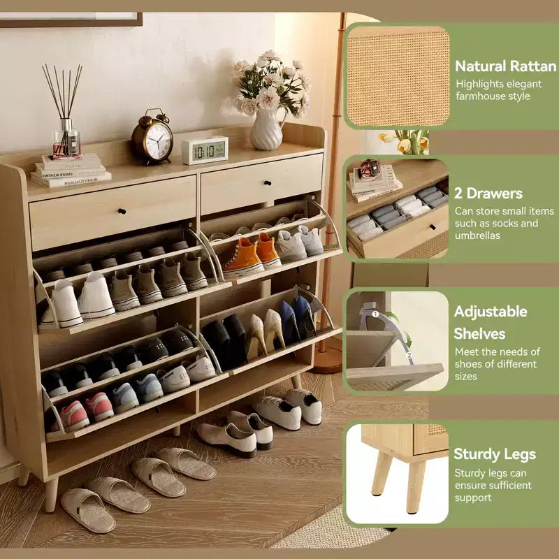 Scarpiera in Rattan per Ingresso con 4 Cassetti a Ribalta e 2 Cassetti, Stretta Stile Rustico per Anticamera e Corridoio
