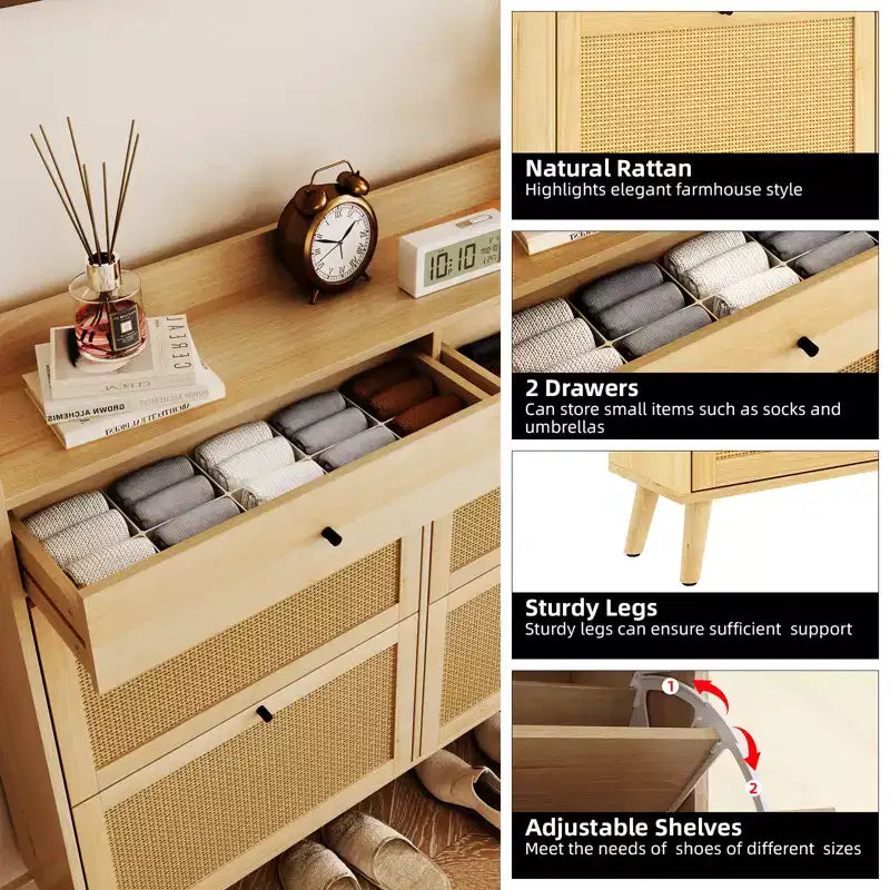 Scarpiera in Rattan per Ingresso con 4 Cassetti a Ribalta e 2 Cassetti, Stretta Stile Rustico per Anticamera e Corridoio