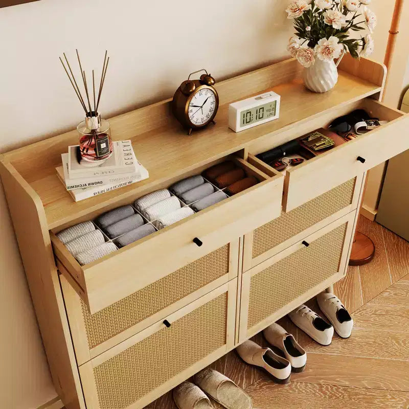 Scarpiera in Rattan per Ingresso con 4 Cassetti a Ribalta e 2 Cassetti, Stretta Stile Rustico per Anticamera e Corridoio