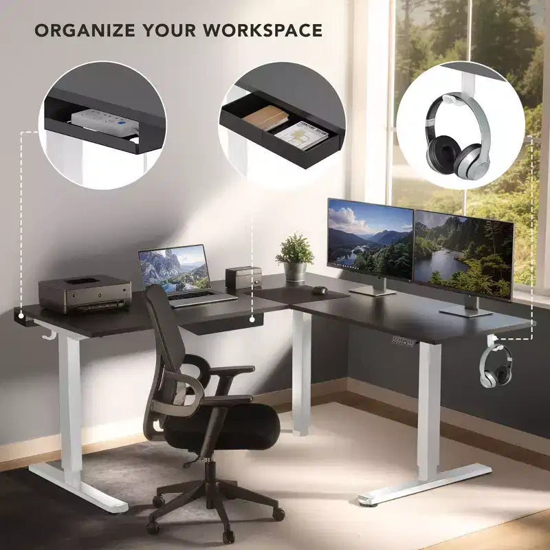 Mount-It! Scrivania ad Angolo Elettrica Regolabile in Altezza XL, Struttura Bianca e Piano Nero