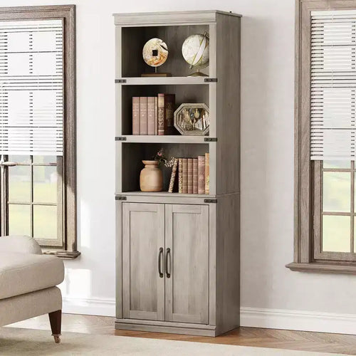 5 Tier Book case with Cabinet, Farmhouse Book Shelf with Storage Doors, 68.7 Tall Wooden 5 Shelf Case Grey