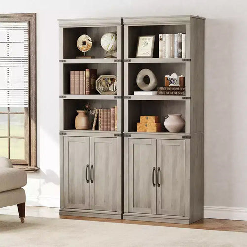 Libreria a 5 ripiani con armadietto, scaffale da fattoria con ante, libreria in legno a 5 ripiani alta 174,5 cm, grigia