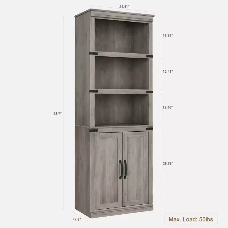Libreria a 5 ripiani con armadietto, scaffale da fattoria con ante, libreria in legno a 5 ripiani alta 174,5 cm, grigia