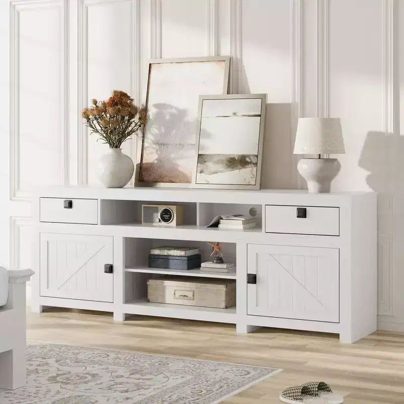 Mobile TV rustico da 178 cm per TV da 75/80 pollici, mobiletto porta TV con 4 cassetti e 3 ripiani aperti, bianco