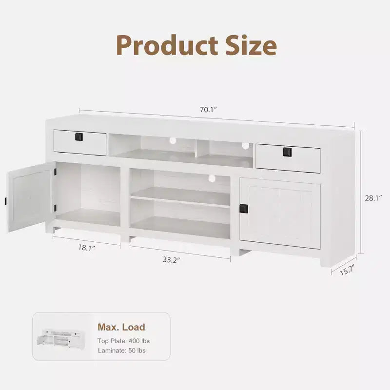Mobile TV rustico da 178 cm per TV da 75/80 pollici, mobiletto porta TV con 4 cassetti e 3 ripiani aperti, bianco