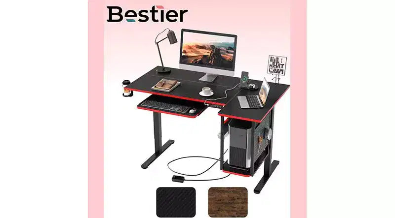 Bestier 57 Scrivania per computer, Scrivania regolabile in altezza con vassoio per tastiera e ripiano per computer, Scrivania da gaming a L con pannello forato