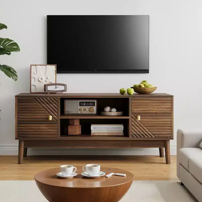 CLIHOME Porta TV moderno di metà secolo da 43,31 pollici per TV da 32/45 pollici, Centro di intrattenimento con contenitore, Tavolo console multimediale, Noce