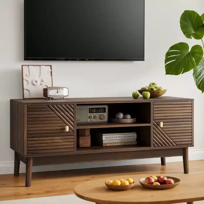 CLIHOME Porta TV moderno di metà secolo da 43,31 pollici per TV da 32/45 pollici, Centro di intrattenimento con contenitore, Tavolo console multimediale, Noce
