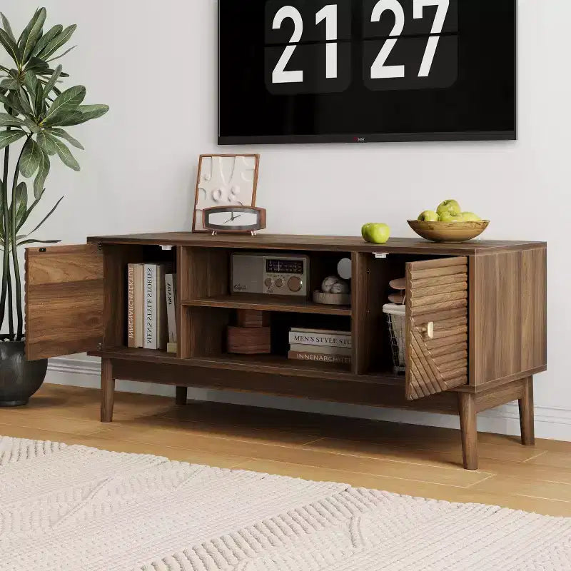 CLIHOME Porta TV moderno di metà secolo da 43,31 pollici per TV da 32/45 pollici, Centro di intrattenimento con contenitore, Tavolo console multimediale, Noce