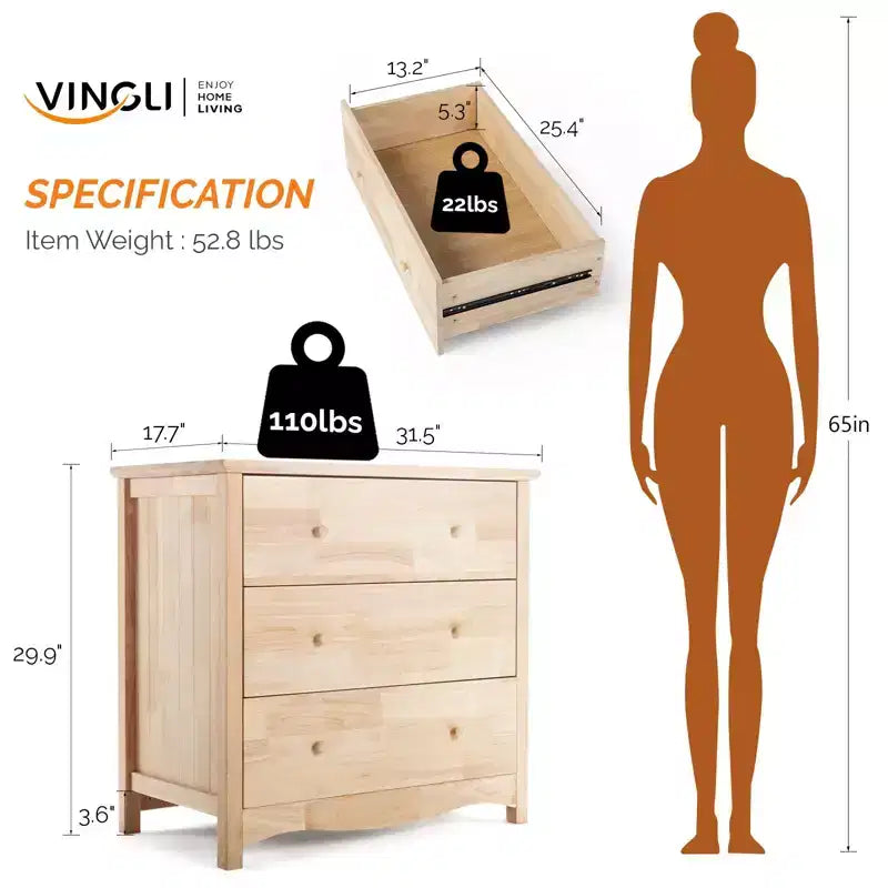 Cassettiera Karl Home a 3 cassetti in MDF (Medium-Density Fiberboard) naturale, larghezza 80 cm