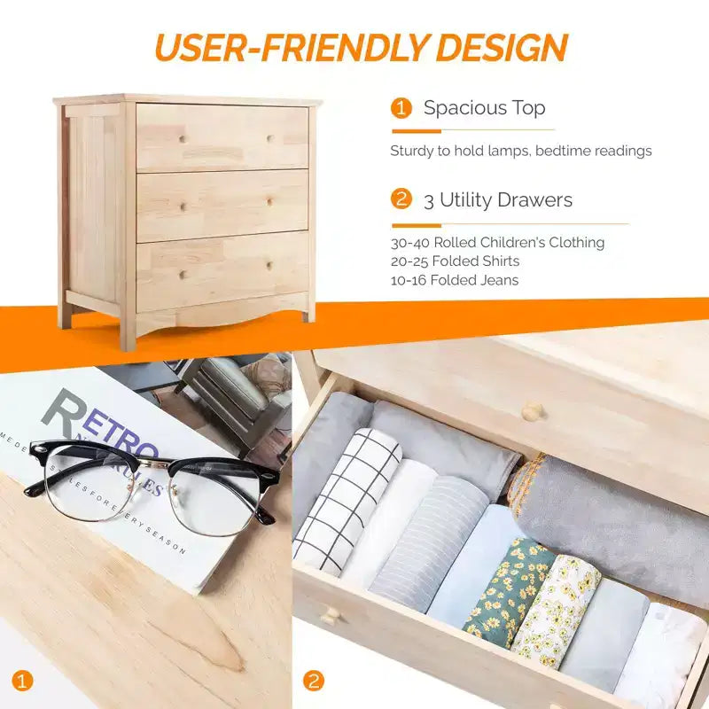 Cassettiera Karl Home a 3 cassetti in MDF (Medium-Density Fiberboard) naturale, larghezza 80 cm