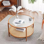 Double-Layered Round Water Ripple Glass and PE Rattan Tabletop Matched with Heat Transfer Wood Grain Iron Frame Coffee Table