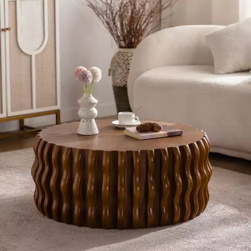 GDFStudio Kaen Mid-Century Modern Drum Fluted Round Coffee Table