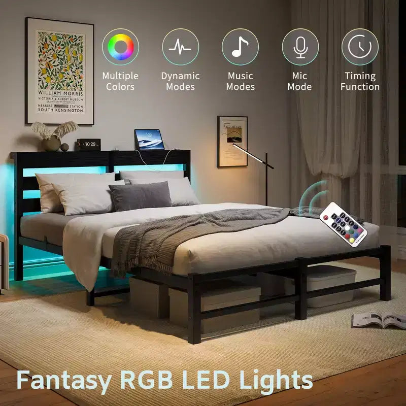MAYEERTY Letto Matrimoniale Queen Size con Testiera in Legno e Metallo Nero, Luci RGB, Caricatore, Mensola portaoggetti, Silenzioso, Non Richiede Rete a Molle