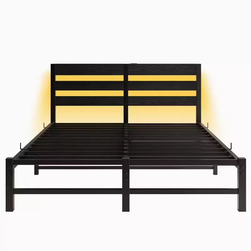 MAYEERTY Letto Matrimoniale Queen Size con Testiera in Legno e Metallo Nero, Luci RGB, Caricatore, Mensola portaoggetti, Silenzioso, Non Richiede Rete a Molle