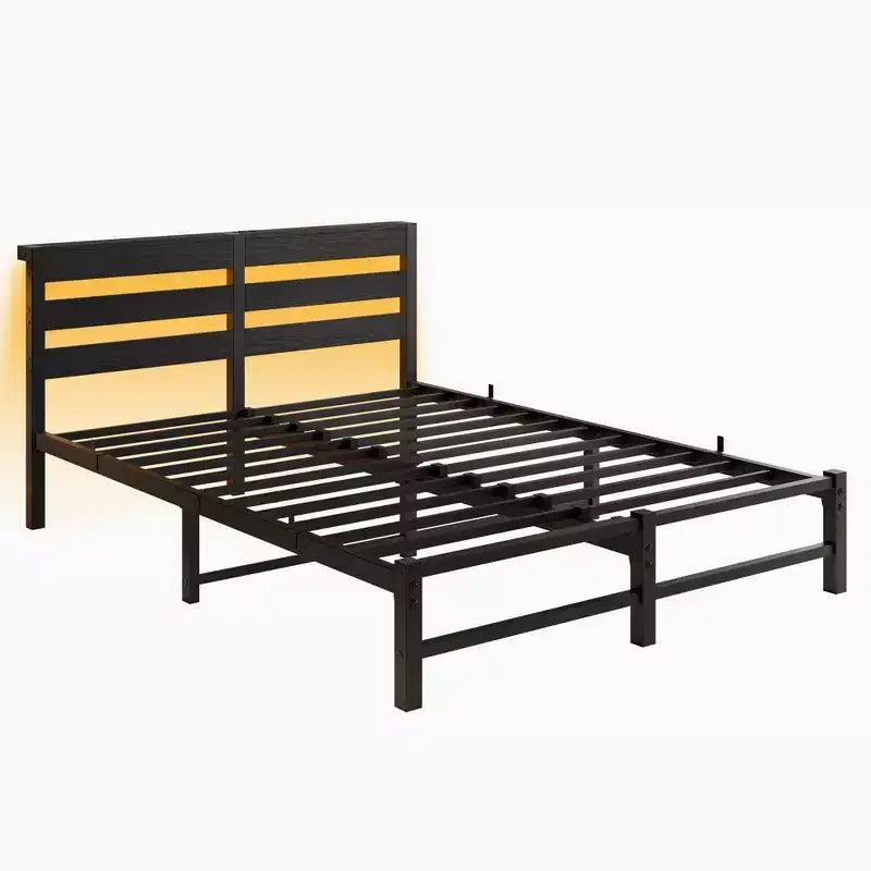MAYEERTY Letto Matrimoniale Queen Size con Testiera in Legno e Metallo Nero, Luci RGB, Caricatore, Mensola portaoggetti, Silenzioso, Non Richiede Rete a Molle