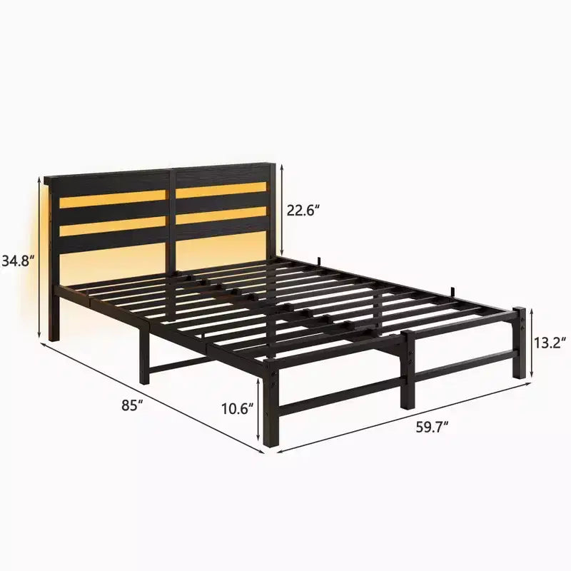 MAYEERTY Letto Matrimoniale Queen Size con Testiera in Legno e Metallo Nero, Luci RGB, Caricatore, Mensola portaoggetti, Silenzioso, Non Richiede Rete a Molle