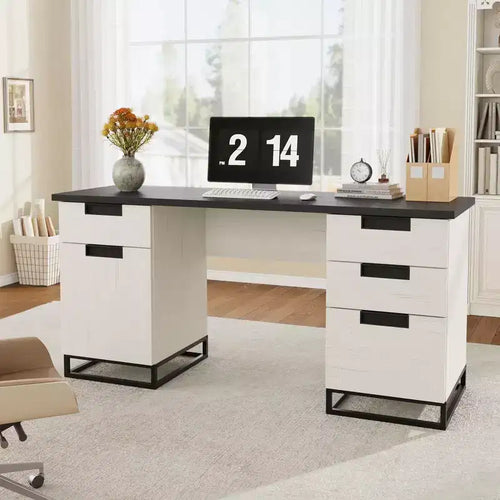 59 Farmhouse Executive Desk, Home Office Desk with File Drawer and Storage Cabinet, Wooden Computer Table with 3 Drawers for Work and Study