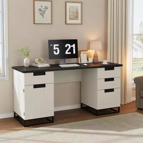 Bureau de direction style ferme de 59 po, bureau d'ordinateur avec tiroir classeur et armoire de rangement, table d'ordinateur en bois avec 3 tiroirs pour le travail et l'étude