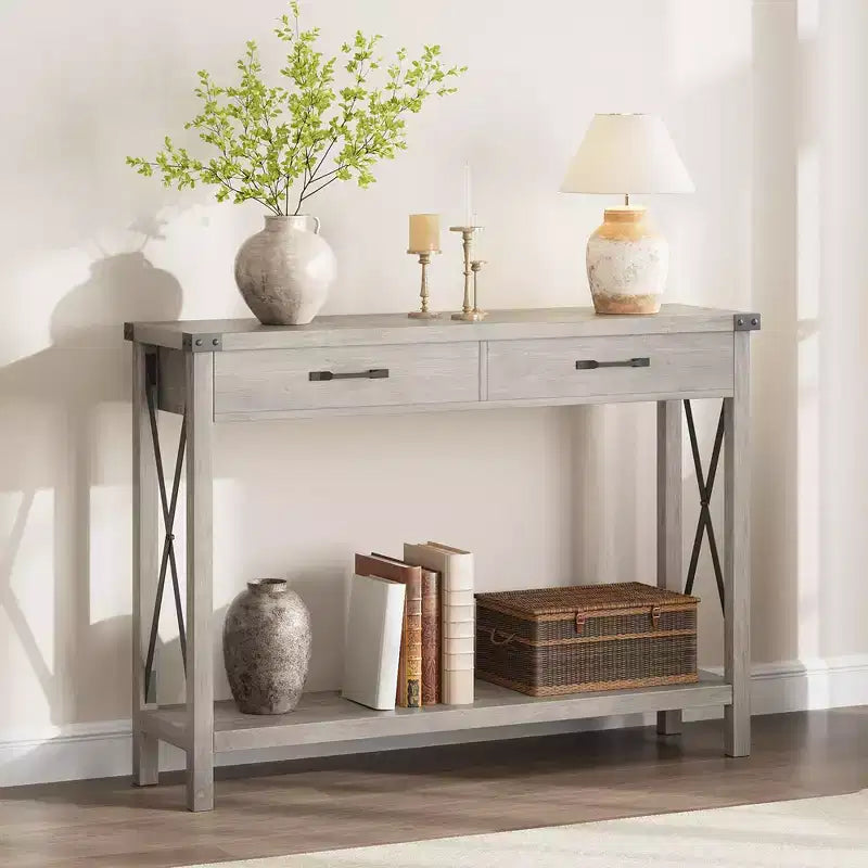 COZONY Tavolo Console da Fattoria da 109 cm con 2 Cassetti e Ripiano Portaoggetti a 2 Livelli, Tavolo Stretto in Legno per Ingresso e Divano, per Corridoio e Soggiorno