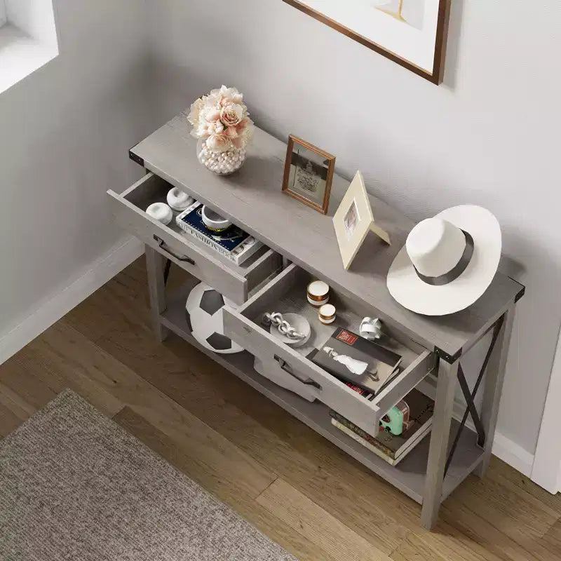 COZONY Tavolo Console da Fattoria da 109 cm con 2 Cassetti e Ripiano Portaoggetti a 2 Livelli, Tavolo Stretto in Legno per Ingresso e Divano, per Corridoio e Soggiorno