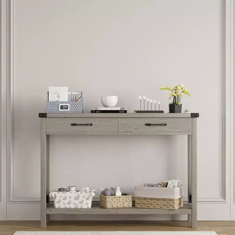 COZONY Tavolo Console da Fattoria da 109 cm con 2 Cassetti e Ripiano Portaoggetti a 2 Livelli, Tavolo Stretto in Legno per Ingresso e Divano, per Corridoio e Soggiorno