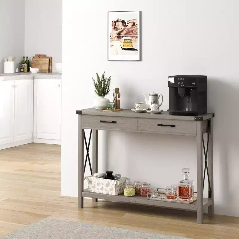 COZONY Tavolo Console da Fattoria da 109 cm con 2 Cassetti e Ripiano Portaoggetti a 2 Livelli, Tavolo Stretto in Legno per Ingresso e Divano, per Corridoio e Soggiorno