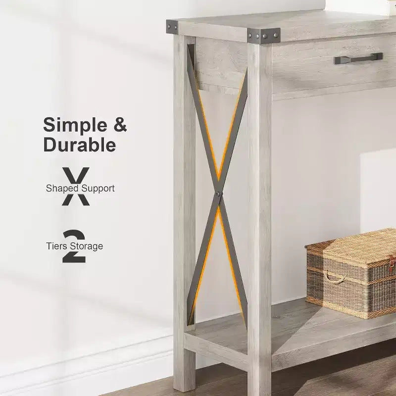 COZONY Tavolo Console da Fattoria da 109 cm con 2 Cassetti e Ripiano Portaoggetti a 2 Livelli, Tavolo Stretto in Legno per Ingresso e Divano, per Corridoio e Soggiorno