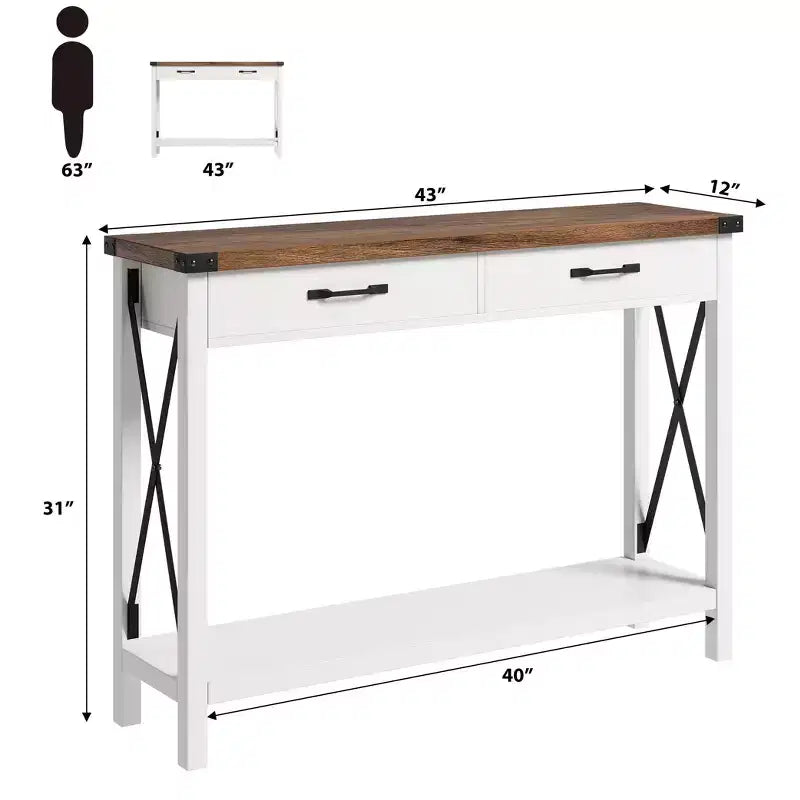 COZONY Tavolo Console da Fattoria da 109 cm con 2 Cassetti e Ripiano Portaoggetti a 2 Livelli, Tavolo Stretto in Legno per Ingresso e Divano, per Corridoio e Soggiorno
