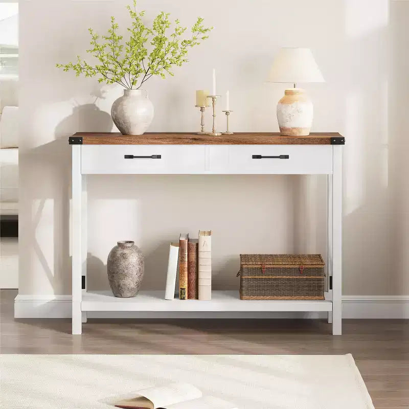 COZONY Tavolo Console da Fattoria da 109 cm con 2 Cassetti e Ripiano Portaoggetti a 2 Livelli, Tavolo Stretto in Legno per Ingresso e Divano, per Corridoio e Soggiorno